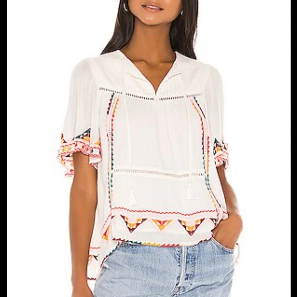 Tularosa Ingrid embroidered boho top from Revolve.  Has tassels in the front and